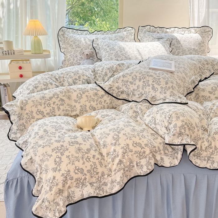 91家纺网 家纺一手货源 找家纺 上尚居 2025新款简约时尚木棉云感皱皱纱四件套 朝花夕拾