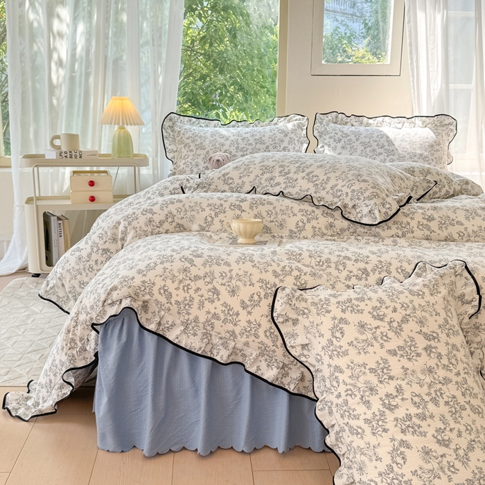 91家纺网 家纺一手货源 找家纺 上尚居 2025新款简约时尚木棉云感皱皱纱四件套 朝花夕拾