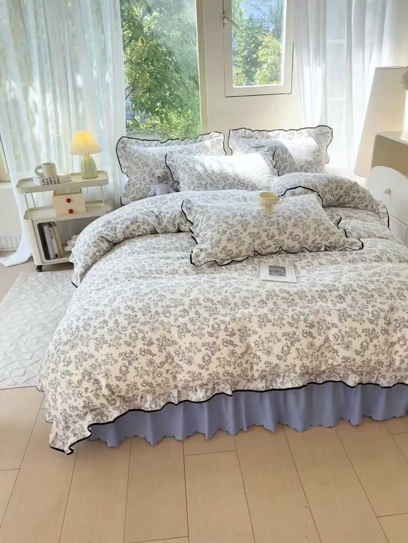 91家纺网 家纺一手货源 找家纺 上尚居 2025新款简约时尚木棉云感皱皱纱四件套 朝花夕拾