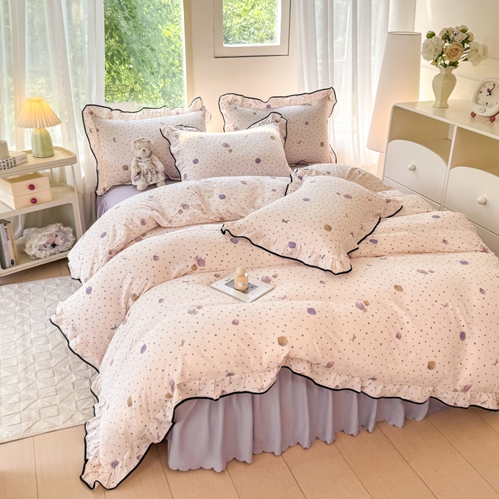 91家纺网 家纺一手货源 找家纺 上尚居 2025新款简约时尚木棉云感皱皱纱四件套 点点莓果