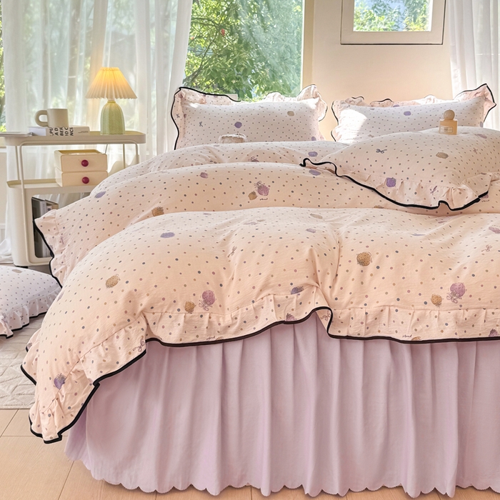 91家纺网 家纺一手货源 找家纺 上尚居 2025新款简约时尚木棉云感皱皱纱四件套 点点莓果