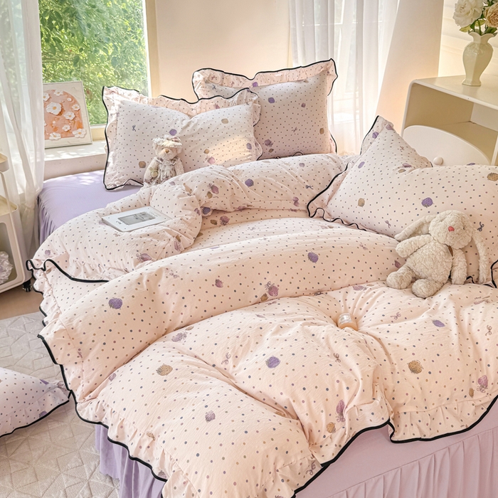 91家纺网 家纺一手货源 找家纺 上尚居 2025新款简约时尚木棉云感皱皱纱四件套 点点莓果