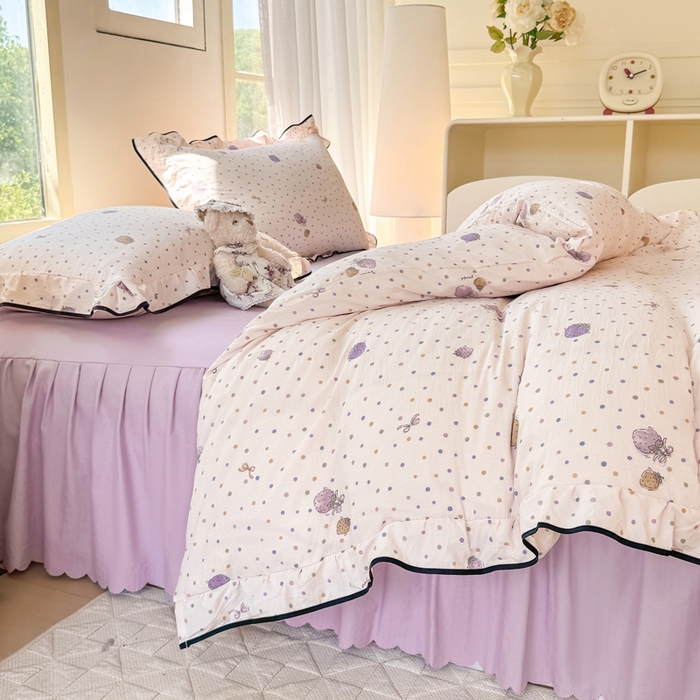 91家纺网 家纺一手货源 找家纺 上尚居 2025新款简约时尚木棉云感皱皱纱四件套 点点莓果