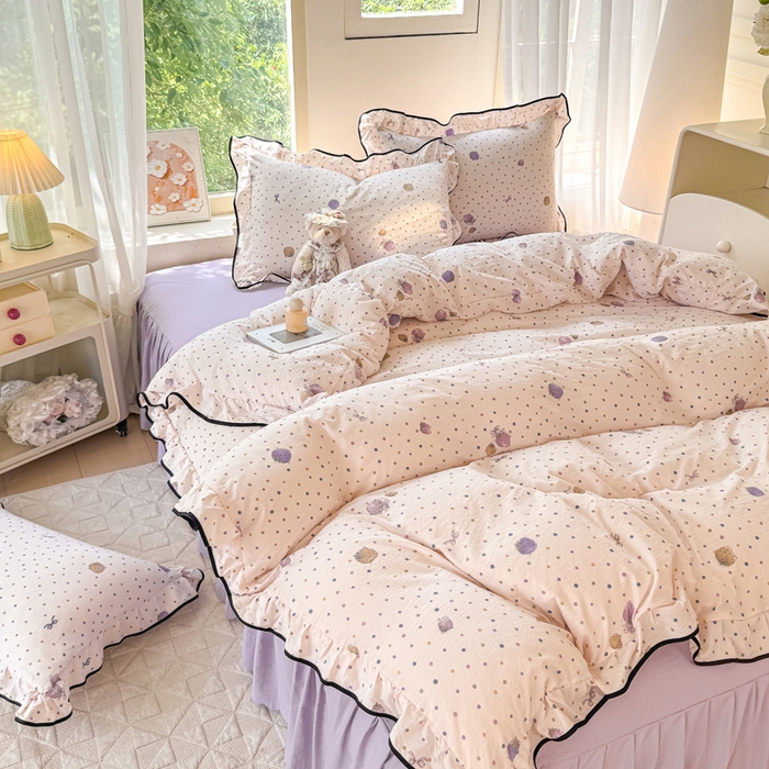 91家纺网 家纺一手货源 找家纺 上尚居 2025新款简约时尚木棉云感皱皱纱四件套 点点莓果