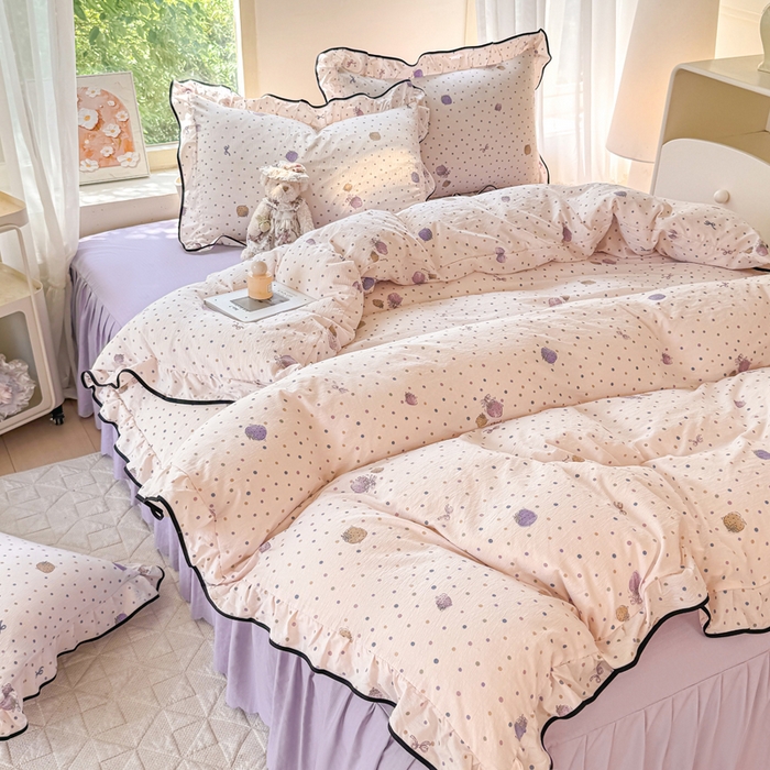 91家纺网 家纺一手货源 找家纺 上尚居 2025新款简约时尚木棉云感皱皱纱四件套 点点莓果