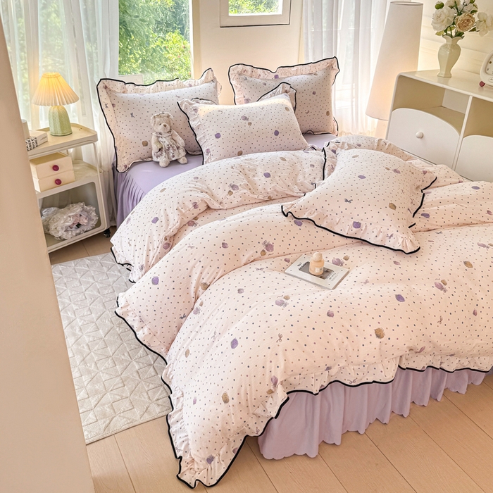 91家纺网 家纺一手货源 找家纺 上尚居 2025新款简约时尚木棉云感皱皱纱四件套 点点莓果