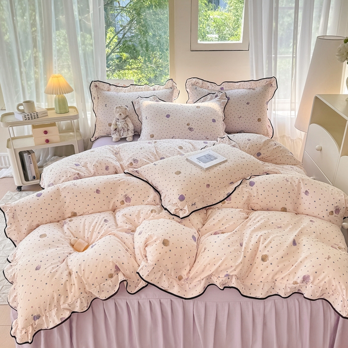 91家纺网 家纺一手货源 找家纺 上尚居 2025新款简约时尚木棉云感皱皱纱四件套 点点莓果