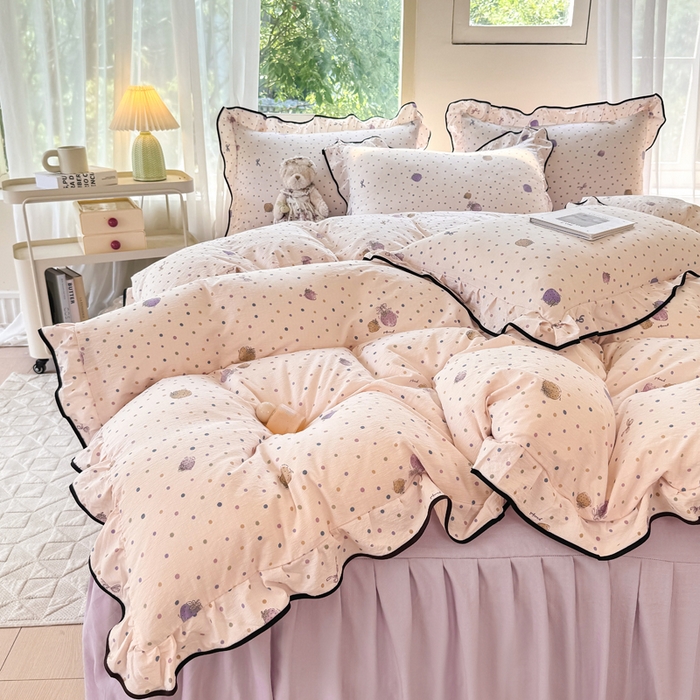 91家纺网 家纺一手货源 找家纺 上尚居 2025新款简约时尚木棉云感皱皱纱四件套 点点莓果