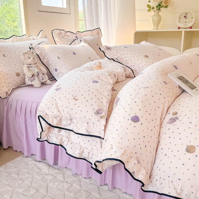 91家纺网 家纺一手货源 找家纺 上尚居 2025新款简约时尚木棉云感皱皱纱四件套 点点莓果