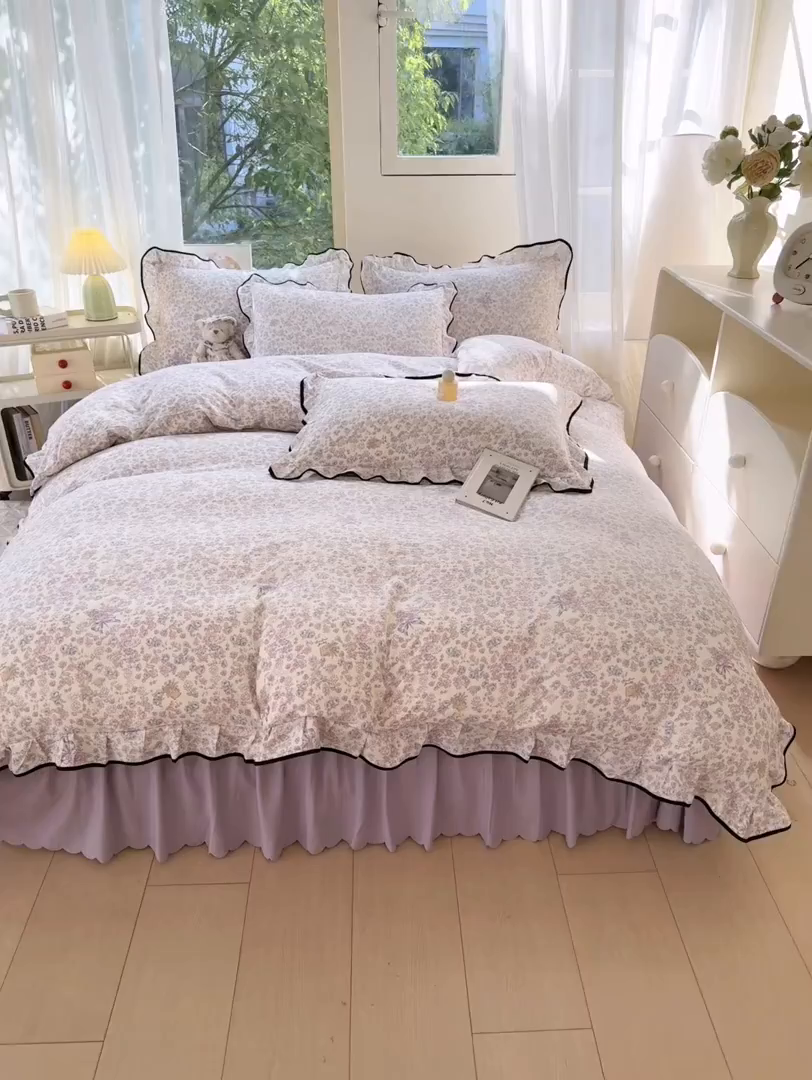 91家纺网 家纺一手货源 找家纺 上尚居 2025新款简约时尚木棉云感皱皱纱四件套 浮生如梦