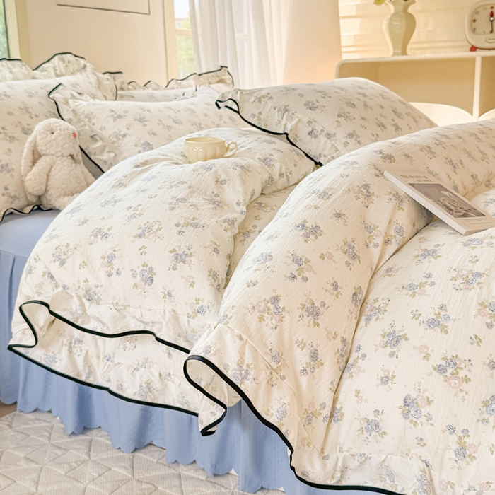 91家纺网 家纺一手货源 找家纺 上尚居 2025新款简约时尚木棉云感皱皱纱四件套 花季如梦