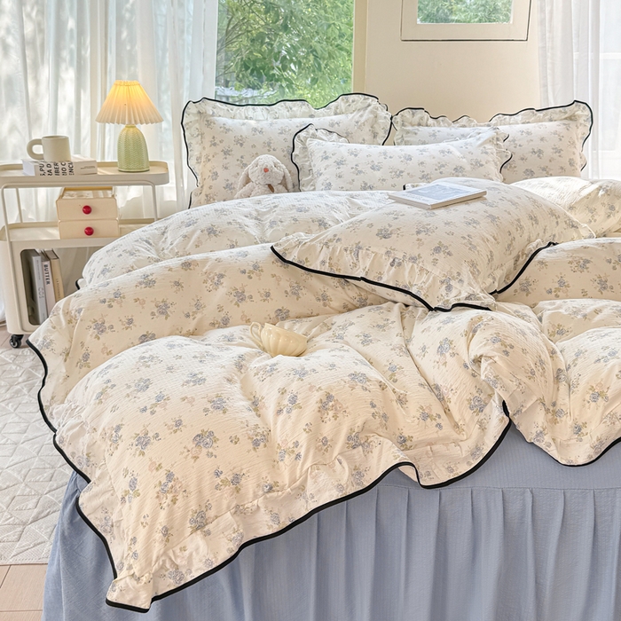 91家纺网 家纺一手货源 找家纺 上尚居 2025新款简约时尚木棉云感皱皱纱四件套 花季如梦