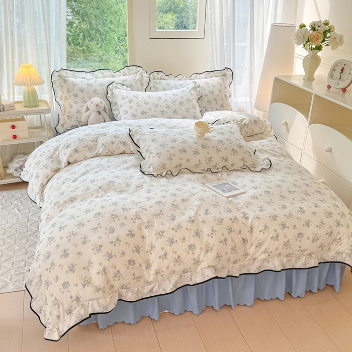 91家纺网 家纺一手货源 找家纺 上尚居 2025新款简约时尚木棉云感皱皱纱四件套 花季如梦