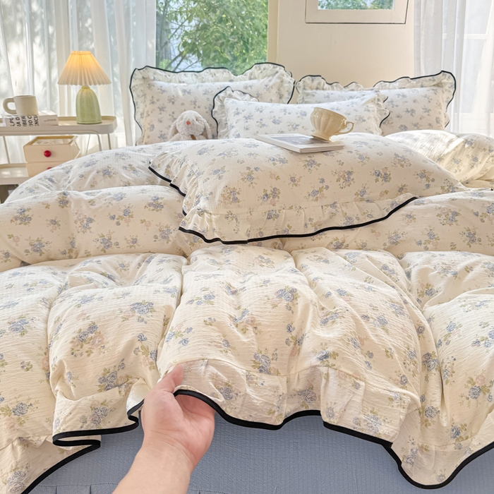 91家纺网 家纺一手货源 找家纺 上尚居 2025新款简约时尚木棉云感皱皱纱四件套 花季如梦