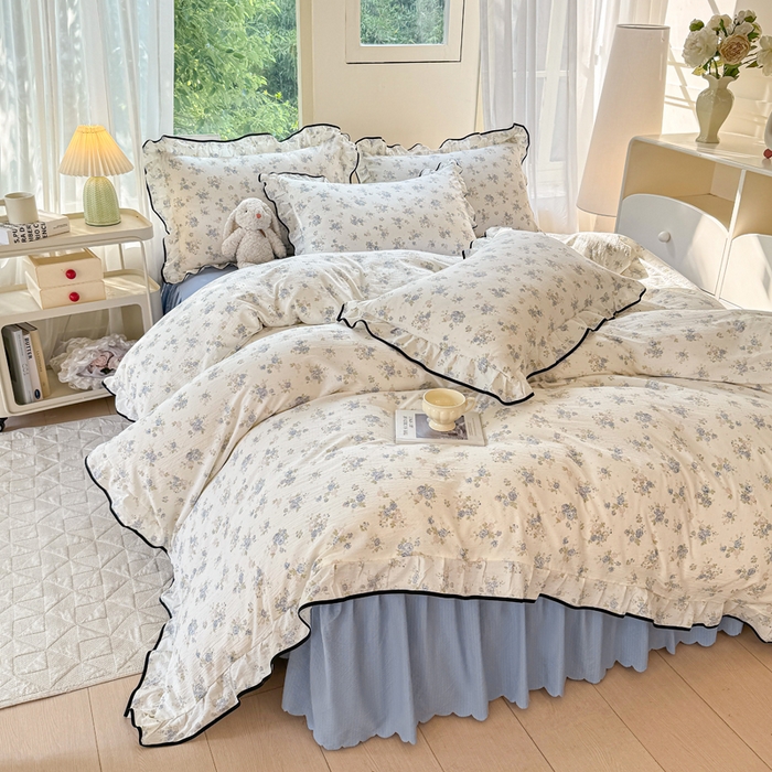 91家纺网 家纺一手货源 找家纺 上尚居 2025新款简约时尚木棉云感皱皱纱四件套 花季如梦