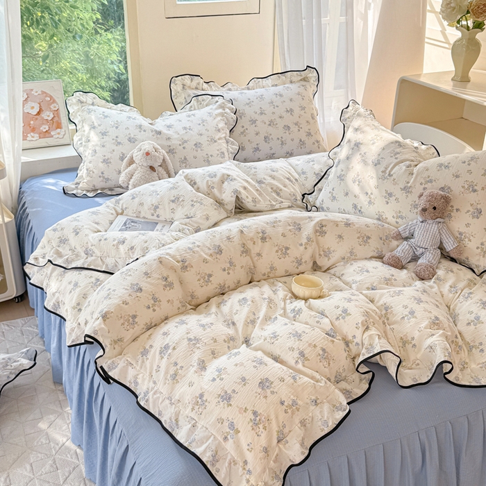 91家纺网 家纺一手货源 找家纺 上尚居 2025新款简约时尚木棉云感皱皱纱四件套 花季如梦