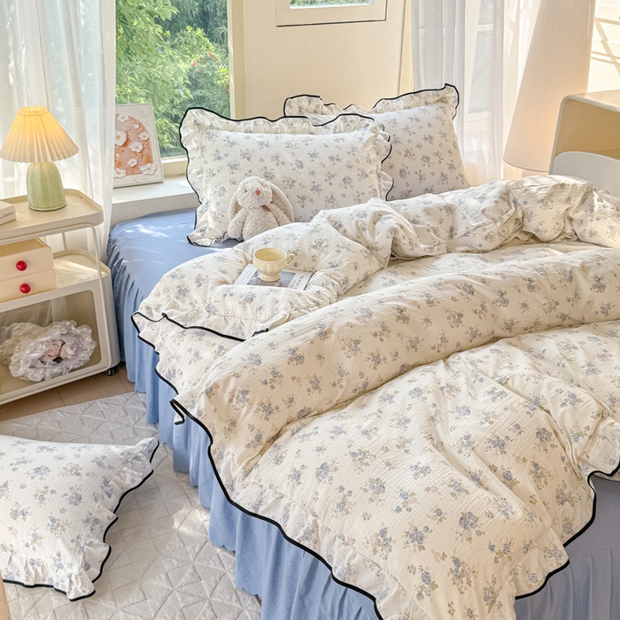 91家纺网 家纺一手货源 找家纺 上尚居 2025新款简约时尚木棉云感皱皱纱四件套 花季如梦