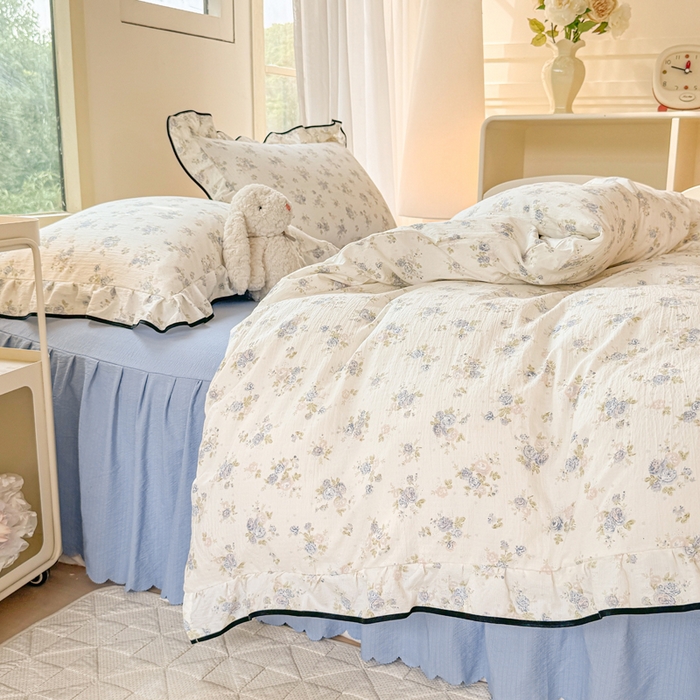 91家纺网 家纺一手货源 找家纺 上尚居 2025新款简约时尚木棉云感皱皱纱四件套 花季如梦