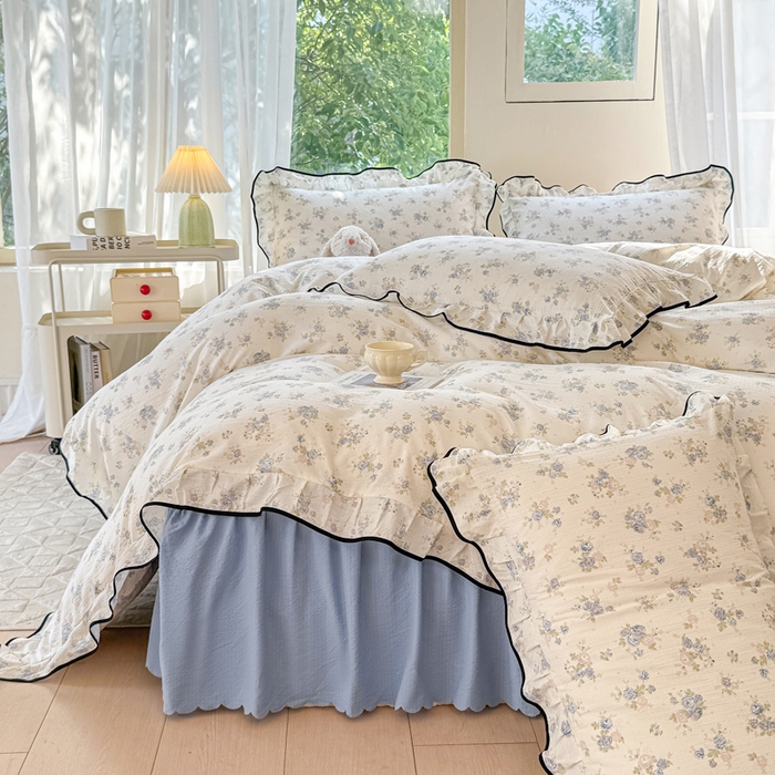 91家纺网 家纺一手货源 找家纺 上尚居 2025新款简约时尚木棉云感皱皱纱四件套 花季如梦