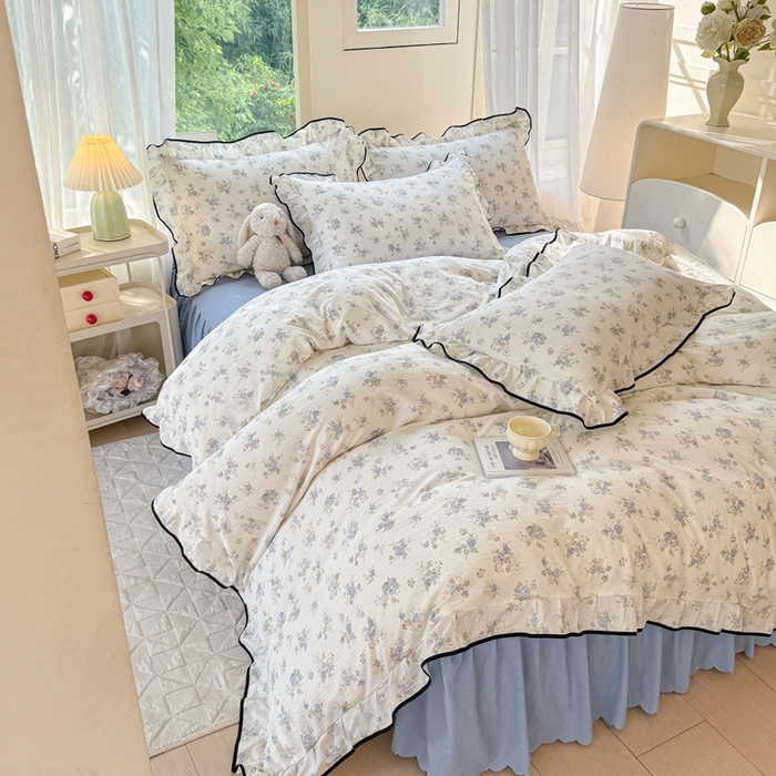 91家纺网 家纺一手货源 找家纺 上尚居 2025新款简约时尚木棉云感皱皱纱四件套 花季如梦