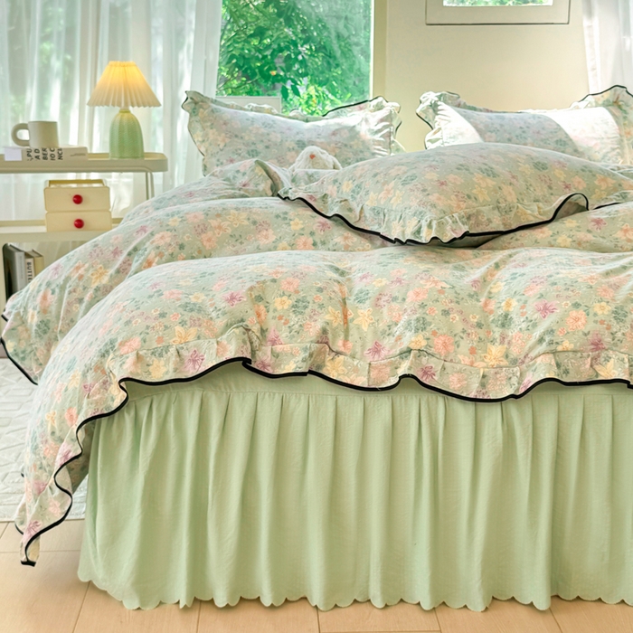 91家纺网 家纺一手货源 找家纺 上尚居 2025新款简约时尚木棉云感皱皱纱四件套 浅若花落