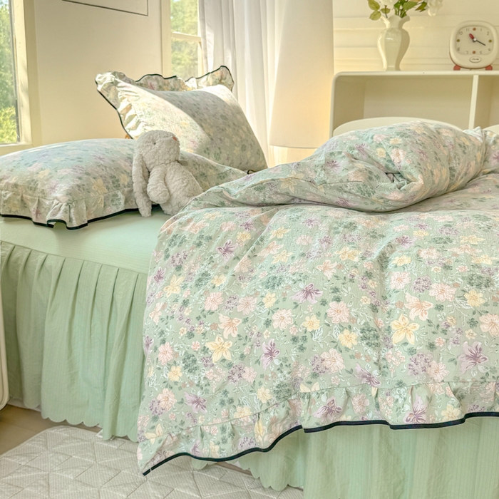 91家纺网 家纺一手货源 找家纺 上尚居 2025新款简约时尚木棉云感皱皱纱四件套 浅若花落