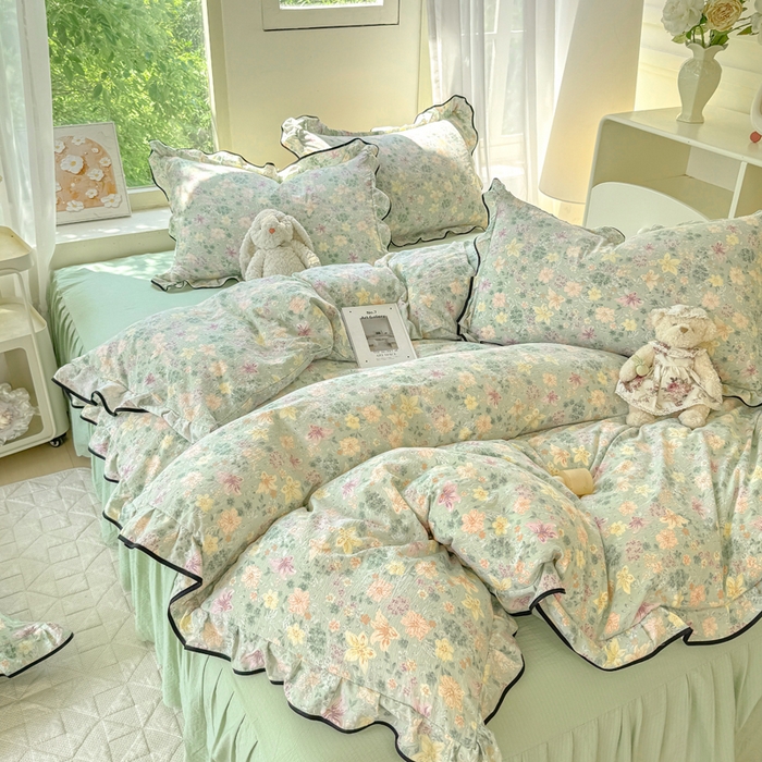 91家纺网 家纺一手货源 找家纺 上尚居 2025新款简约时尚木棉云感皱皱纱四件套 浅若花落