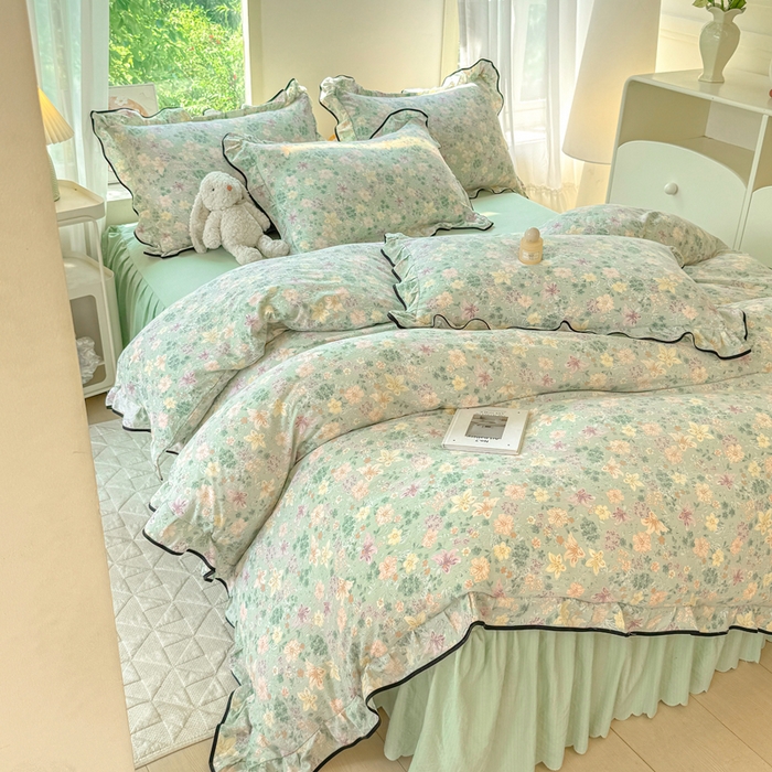 91家纺网 家纺一手货源 找家纺 上尚居 2025新款简约时尚木棉云感皱皱纱四件套 浅若花落