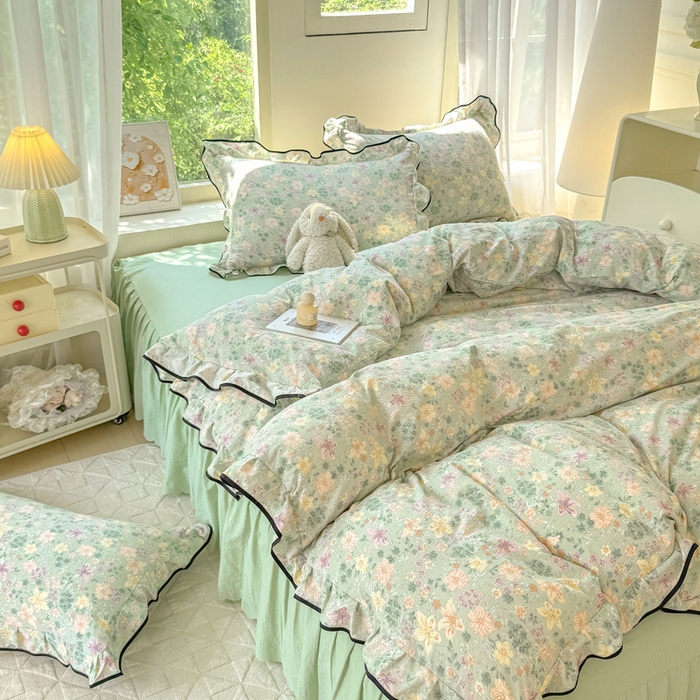 91家纺网 家纺一手货源 找家纺 上尚居 2025新款简约时尚木棉云感皱皱纱四件套 浅若花落