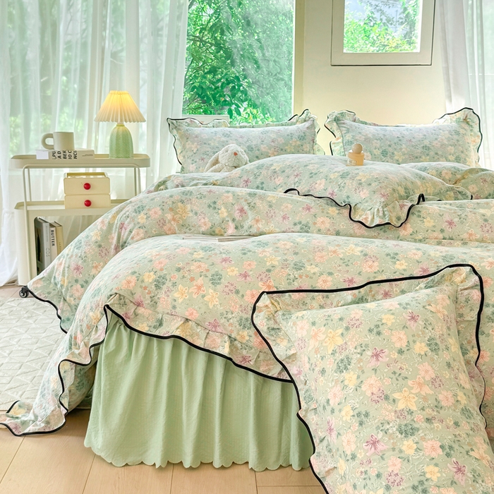 91家纺网 家纺一手货源 找家纺 上尚居 2025新款简约时尚木棉云感皱皱纱四件套 浅若花落