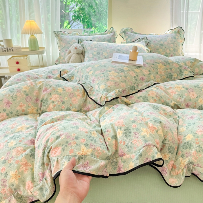 91家纺网 家纺一手货源 找家纺 上尚居 2025新款简约时尚木棉云感皱皱纱四件套 浅若花落