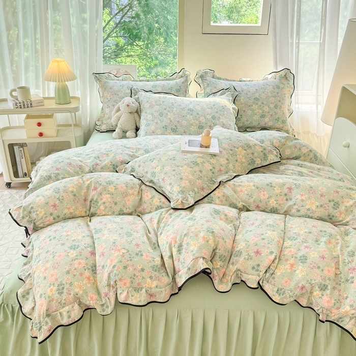 91家纺网 家纺一手货源 找家纺 上尚居 2025新款简约时尚木棉云感皱皱纱四件套 浅若花落