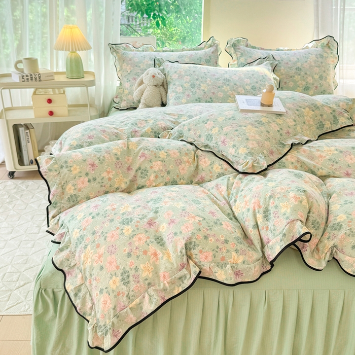 91家纺网 家纺一手货源 找家纺 上尚居 2025新款简约时尚木棉云感皱皱纱四件套 浅若花落