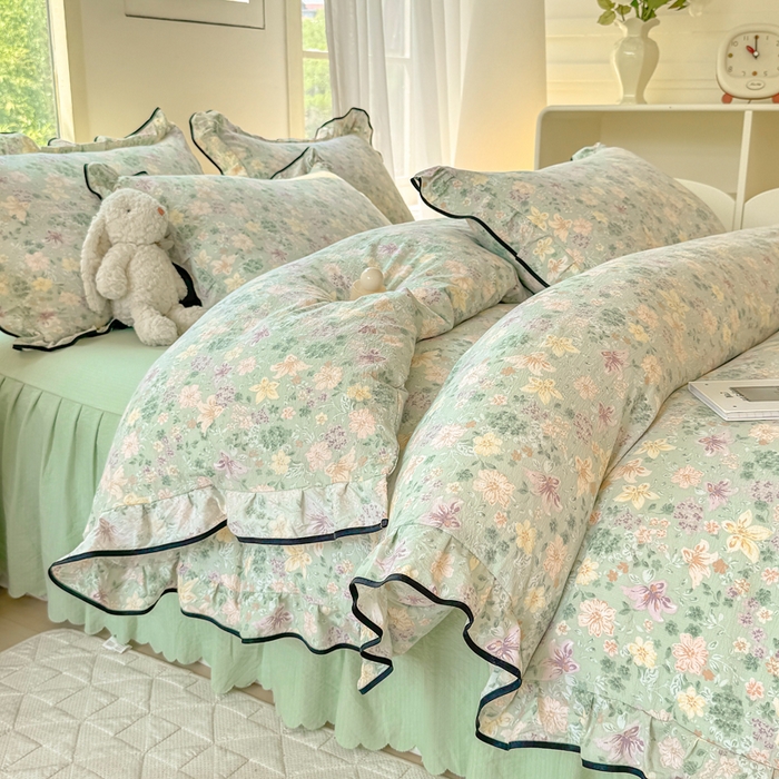 91家纺网 家纺一手货源 找家纺 上尚居 2025新款简约时尚木棉云感皱皱纱四件套 浅若花落