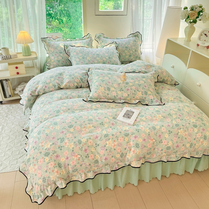 91家纺网 家纺一手货源 找家纺 上尚居 2025新款简约时尚木棉云感皱皱纱四件套 浅若花落