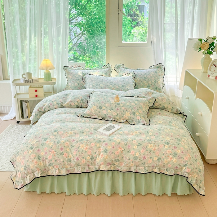 91家纺网 家纺一手货源 找家纺 上尚居 2025新款简约时尚木棉云感皱皱纱四件套 浅若花落