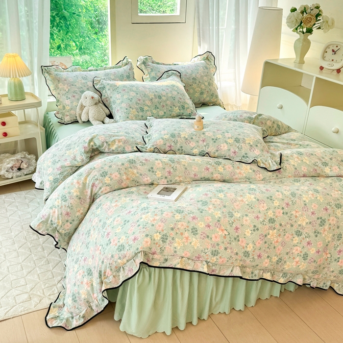 91家纺网 家纺一手货源 找家纺 上尚居 2025新款简约时尚木棉云感皱皱纱四件套 浅若花落