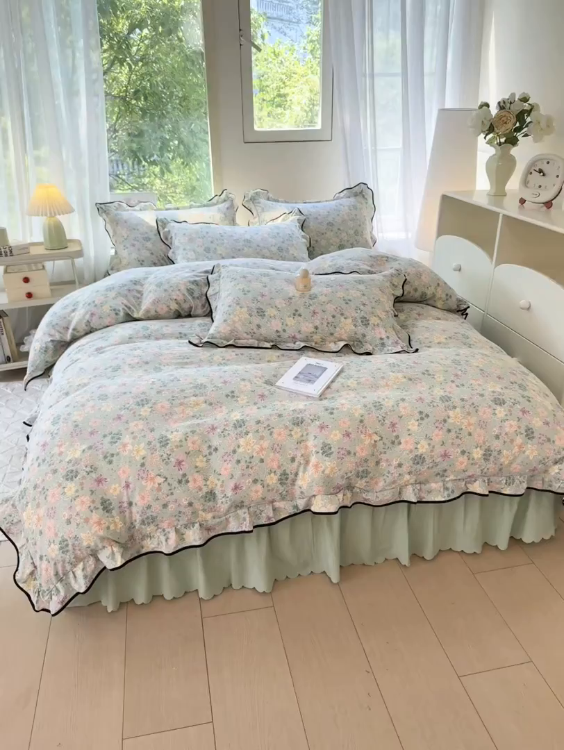 91家纺网 家纺一手货源 找家纺 上尚居 2025新款简约时尚木棉云感皱皱纱四件套 浅若花落