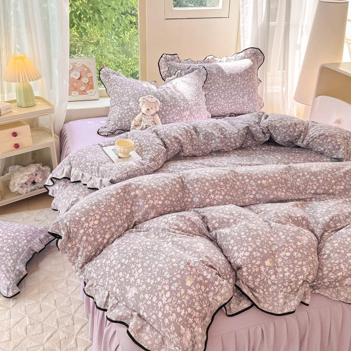 91家纺网 家纺一手货源 找家纺 上尚居 2025新款简约时尚木棉云感皱皱纱四件套 紫萱