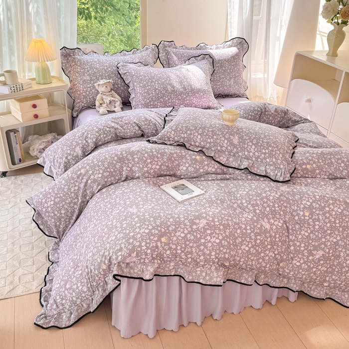 91家纺网 家纺一手货源 找家纺 上尚居 2025新款简约时尚木棉云感皱皱纱四件套 紫萱