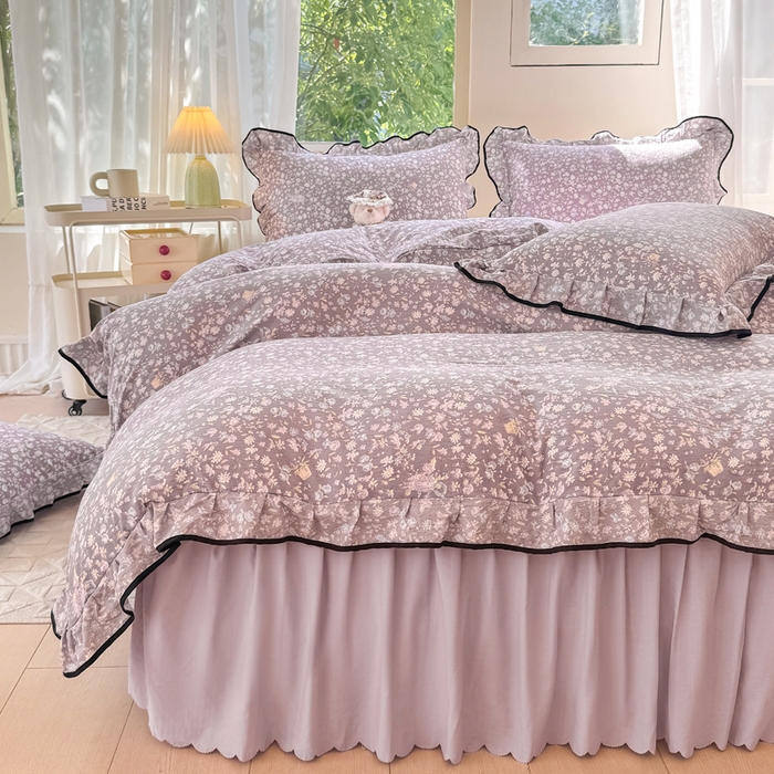 91家纺网 家纺一手货源 找家纺 上尚居 2025新款简约时尚木棉云感皱皱纱四件套 紫萱