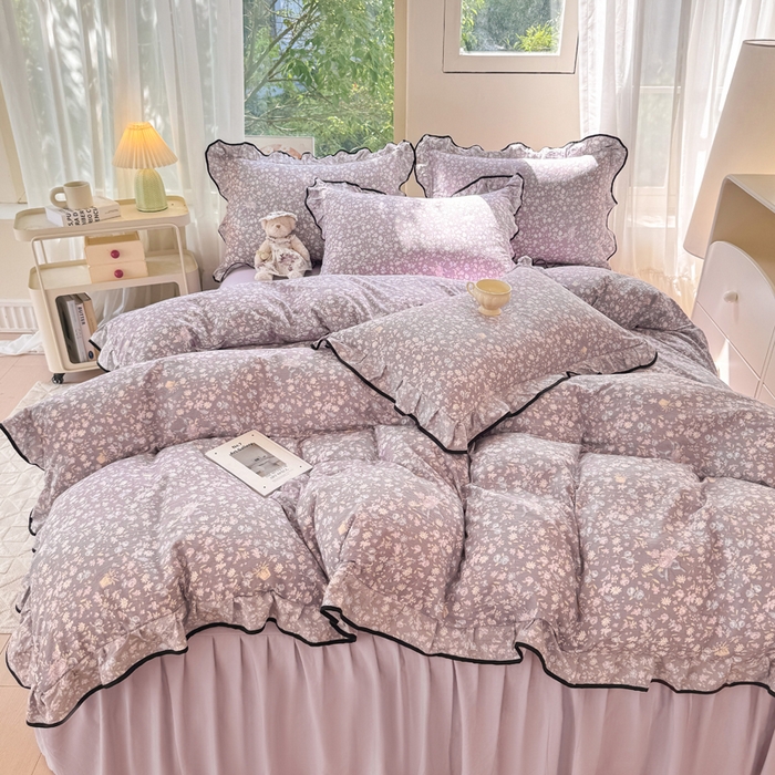 91家纺网 家纺一手货源 找家纺 上尚居 2025新款简约时尚木棉云感皱皱纱四件套 紫萱