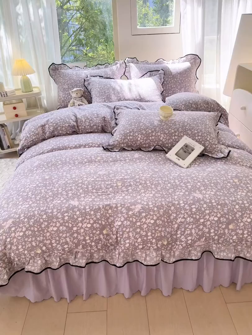 91家纺网 家纺一手货源 找家纺 上尚居 2025新款简约时尚木棉云感皱皱纱四件套 紫萱