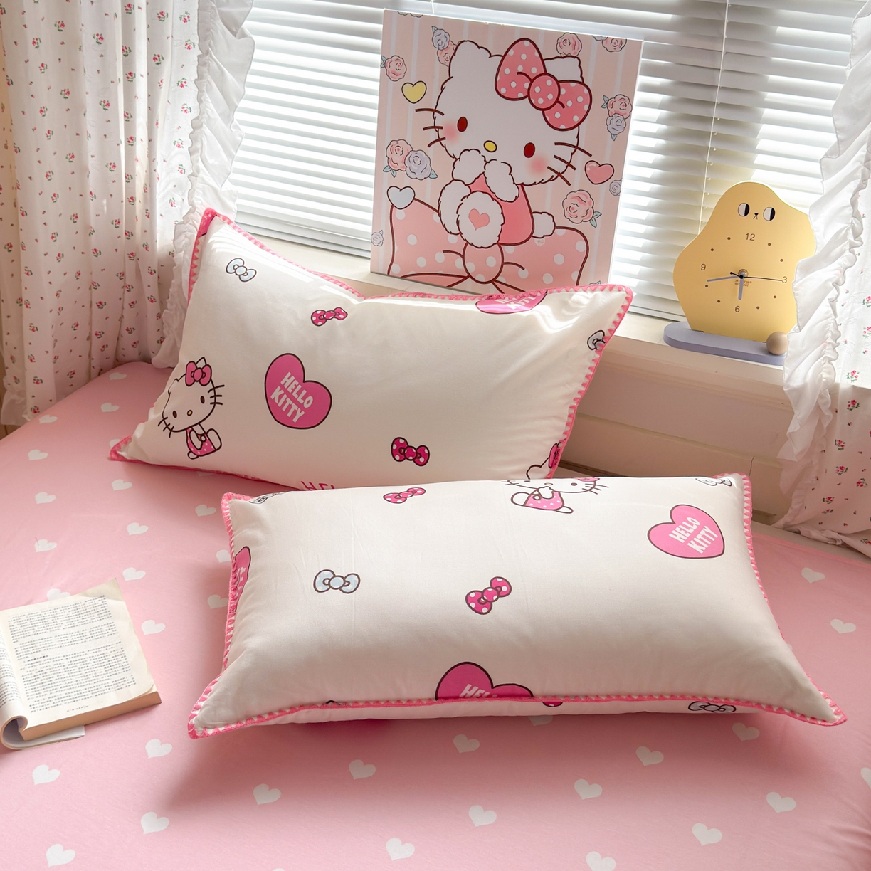 91家纺网 家纺一手货源 找家纺 淑女公社家纺 2025春夏新款全棉纯棉正版三丽鸥KT猫系列四件套 爱心KT