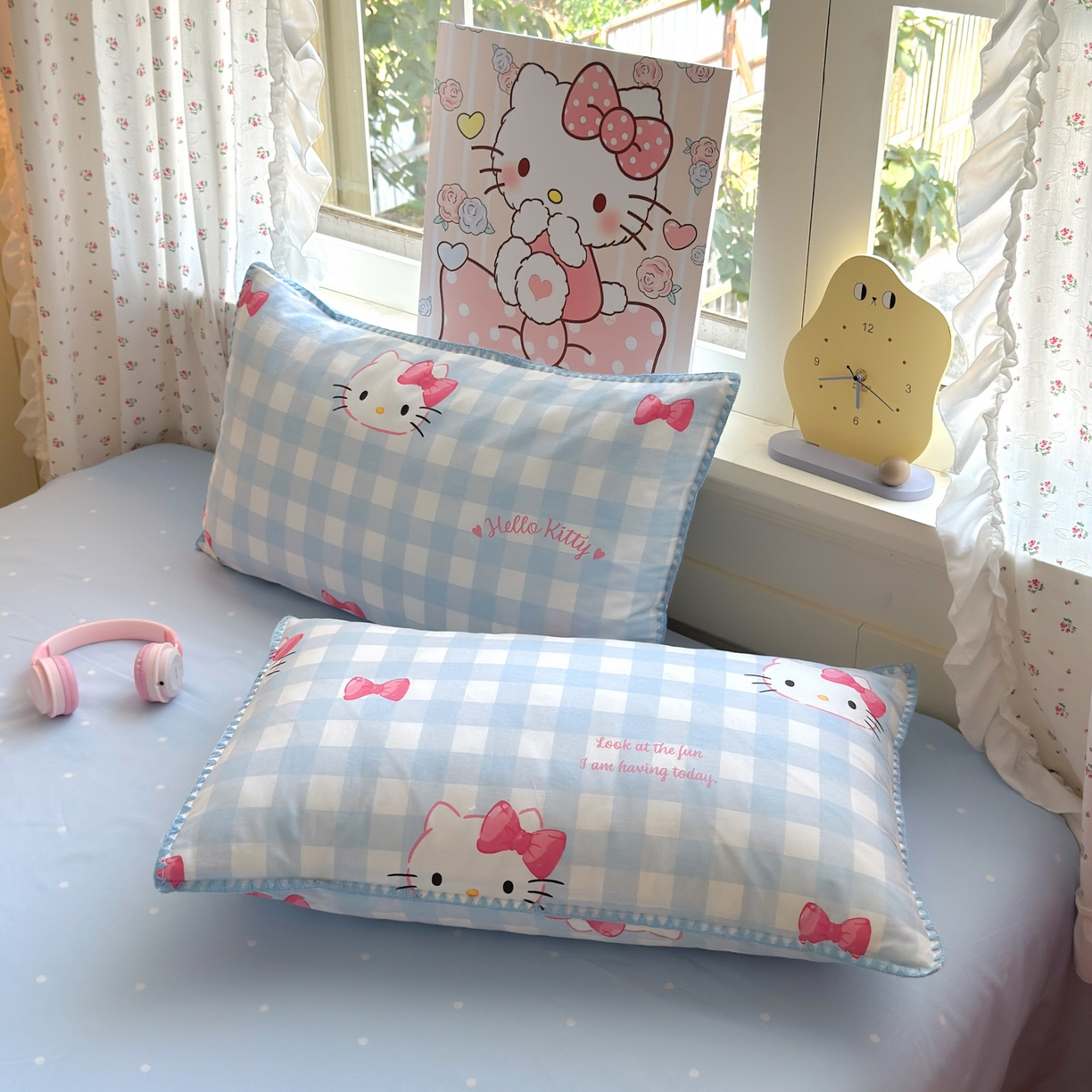 91家纺网 家纺一手货源 找家纺 淑女公社家纺 2025春夏新款全棉纯棉正版三丽鸥KT猫系列四件套 格子KT-蓝