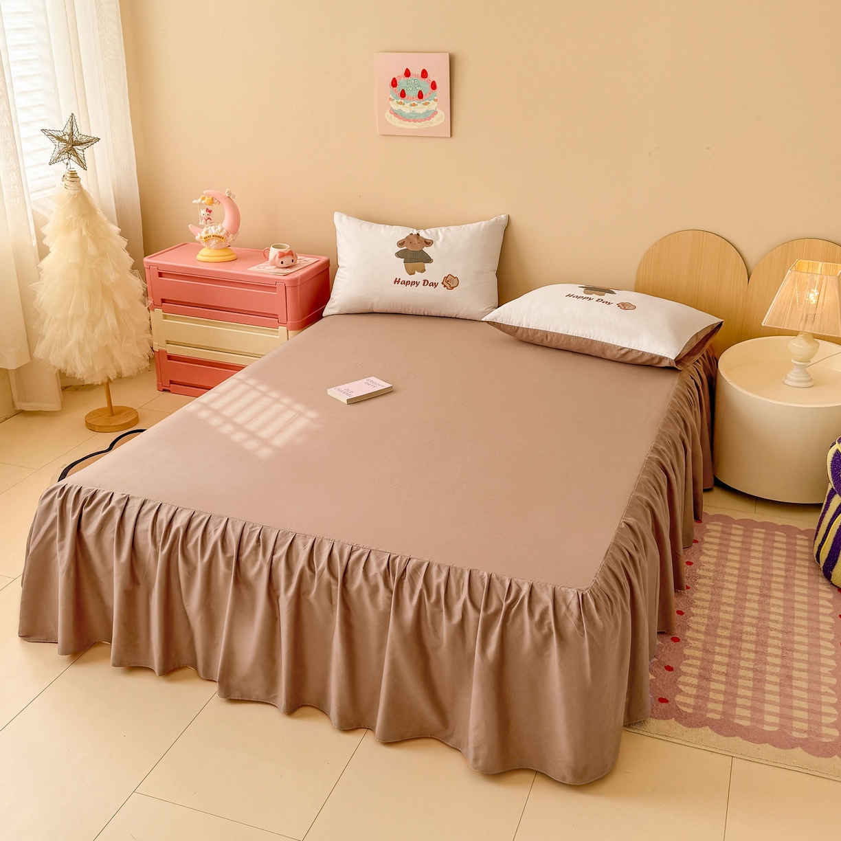 91家纺网 家纺一手货源 找家纺 玉元坊 2025春夏新款单品纯色床裙单床裙床裙单件 快乐小熊-浅咖