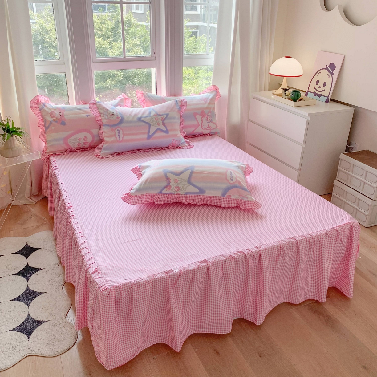 91家纺网 家纺一手货源 找家纺 玉元坊 2025春夏新款单品纯色床裙单床裙床裙单件 小粉格子