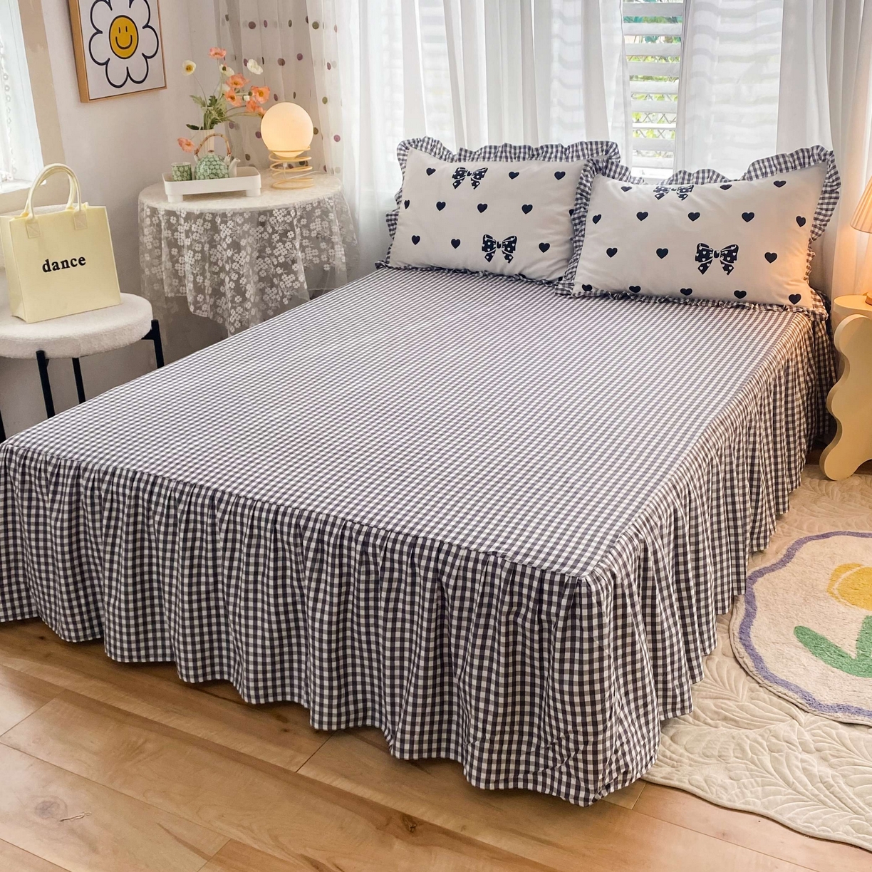 玉元坊 2025春夏新款单品纯色床裙单床裙床裙单件 灰格子
