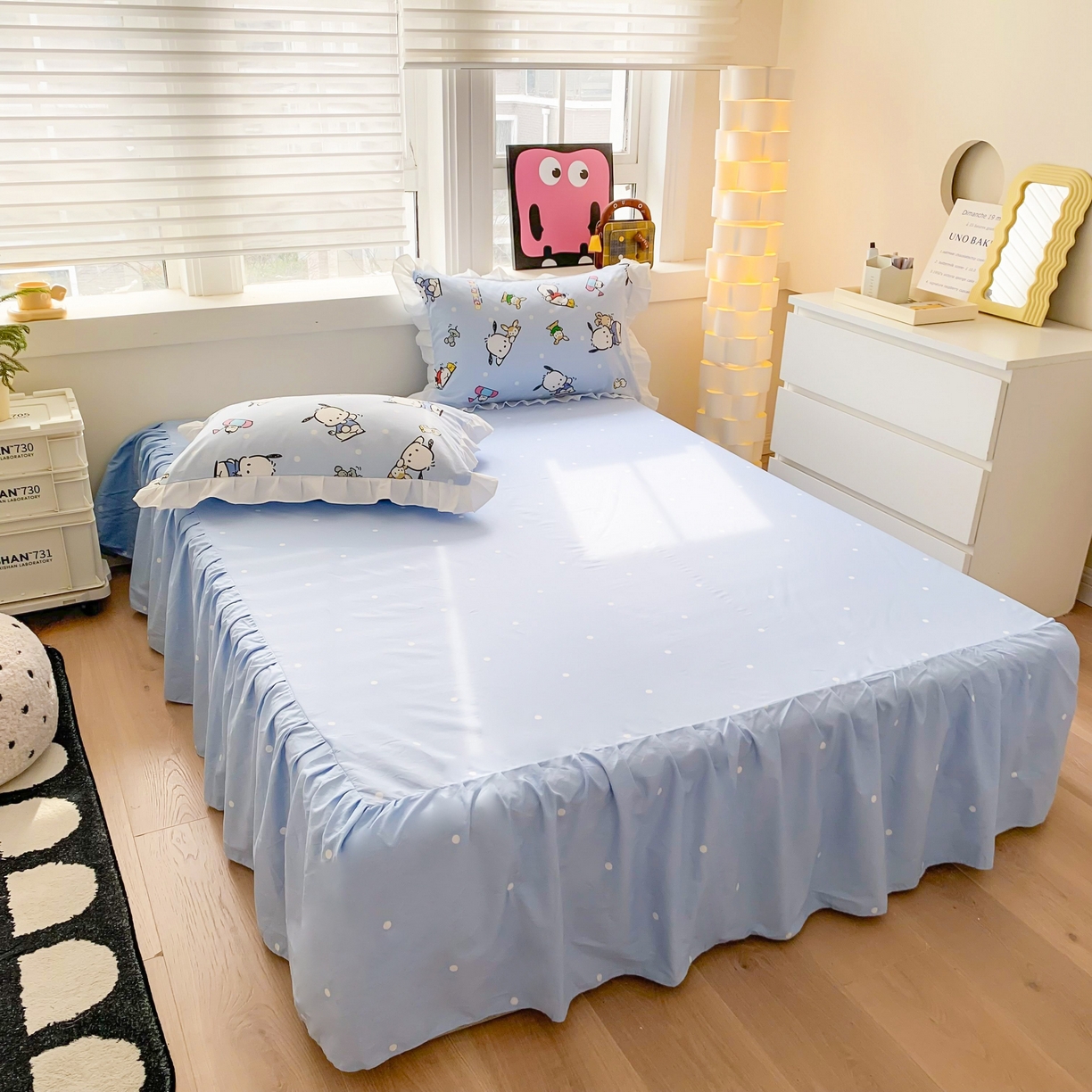 玉元坊 2025春夏新款单品纯色床裙单床裙床裙单件 蓝色小点点