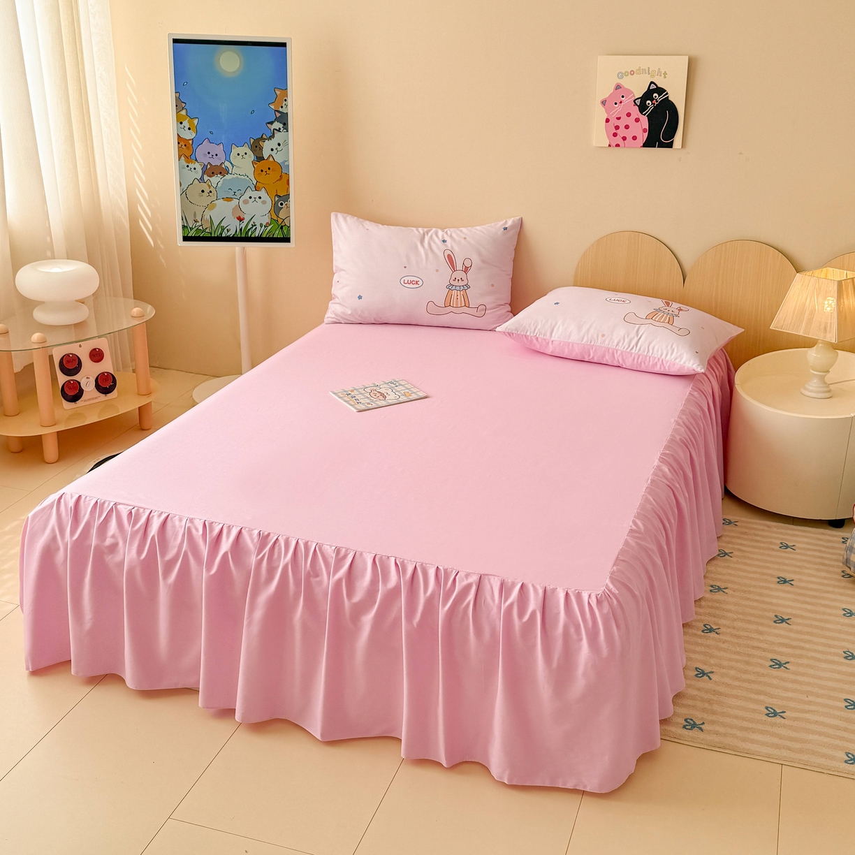 玉元坊 2025春夏新款单品纯色床裙单床裙床裙单件 小熊伙伴-浅粉